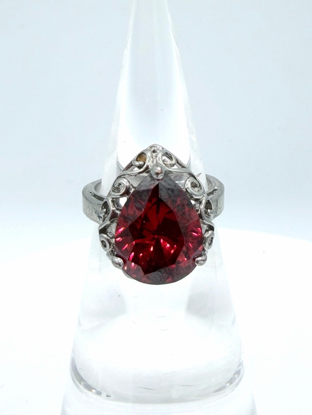Pear Shaped Red Cubic Zirconia Silver Plated Ornate Woman’s Statement Ring